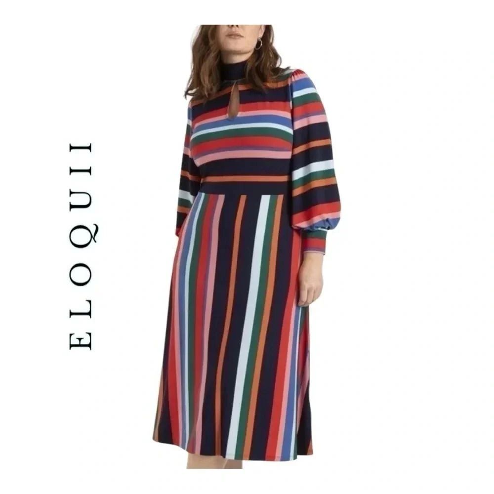 1033. ELOQUII MULTI COLOR STRIPE MIDI DRESS WITH TIE AROUND‎ NECKLINE/KEYHOLE